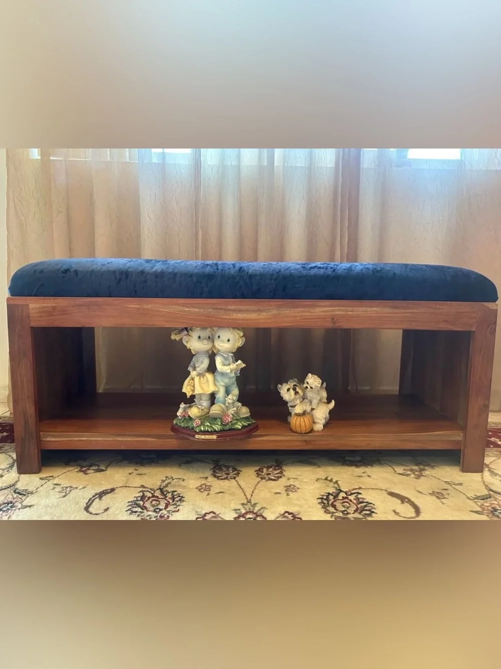 Wood Bench with Royal Blue Seat - Home Accent